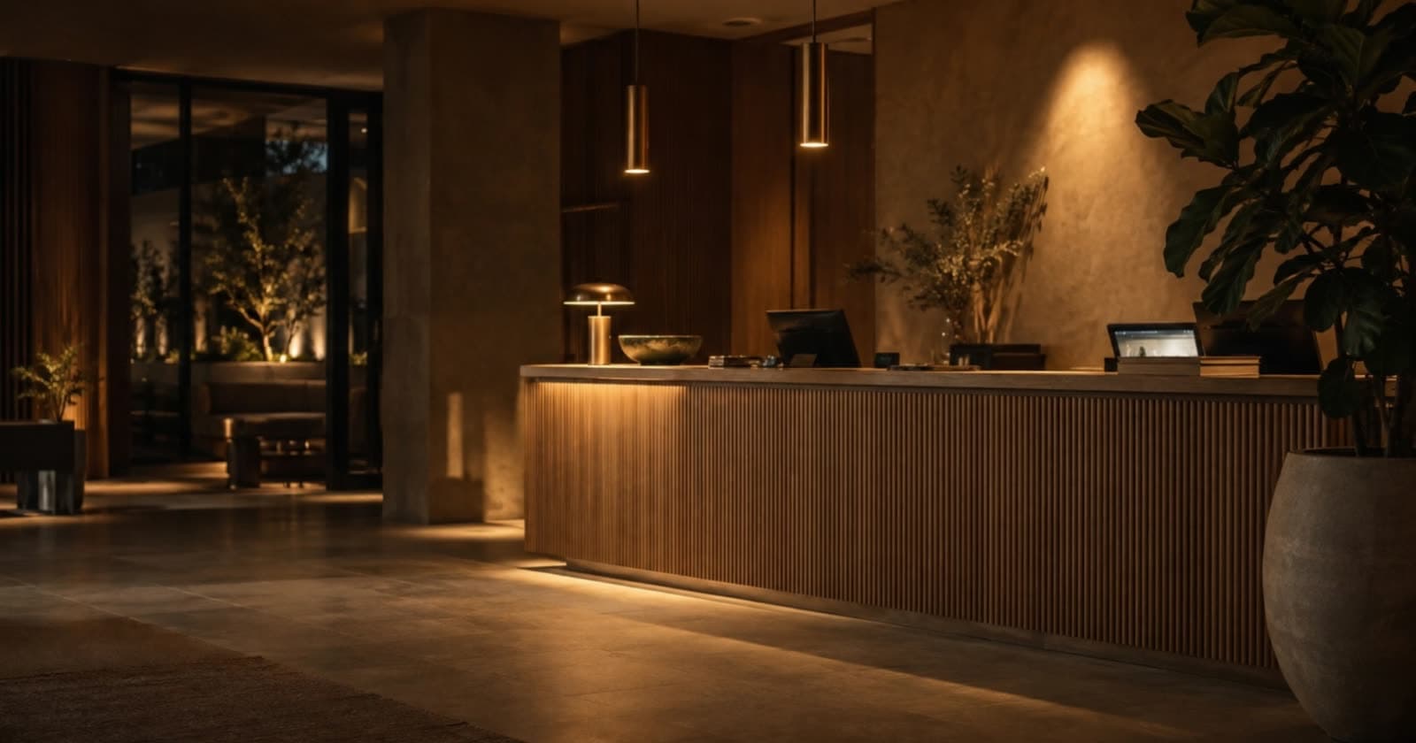 An empty hotel reception at night, a timber counter lit by pendant lights