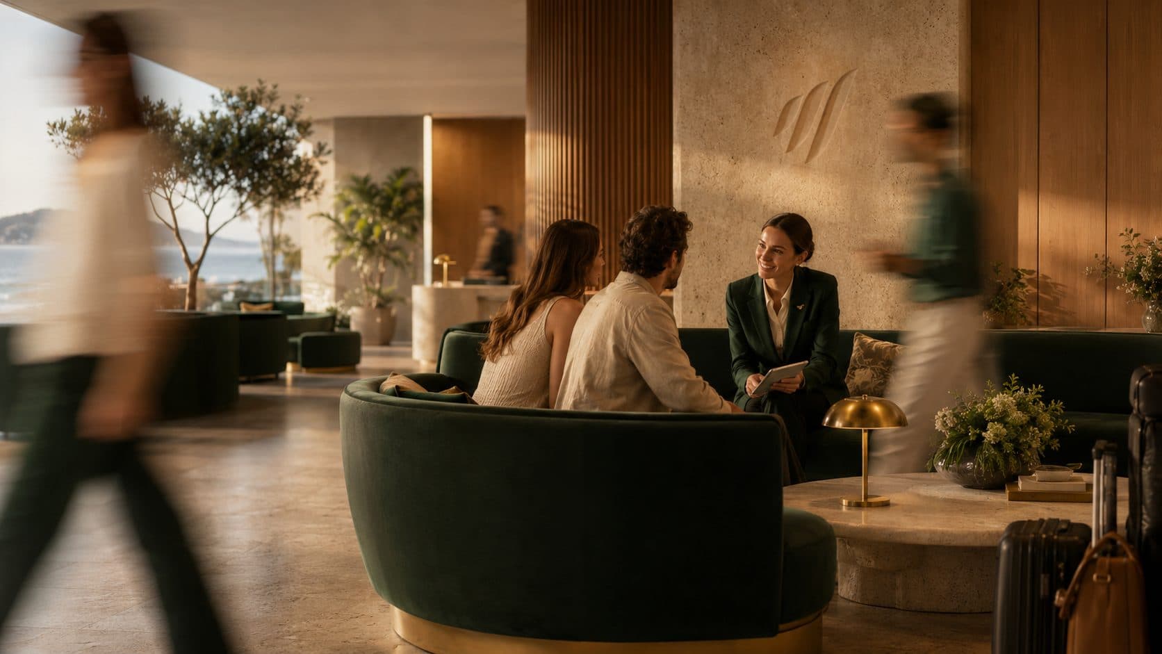 A MasterKey host talking with guests in a hotel lounge