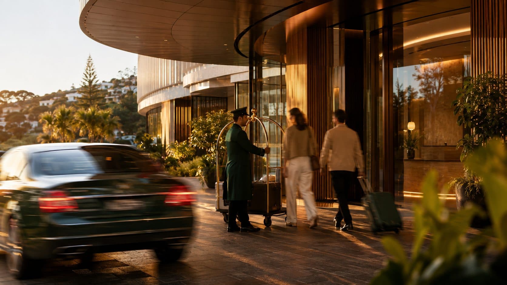 Guests arriving at a MasterKey partner hotel at golden hour